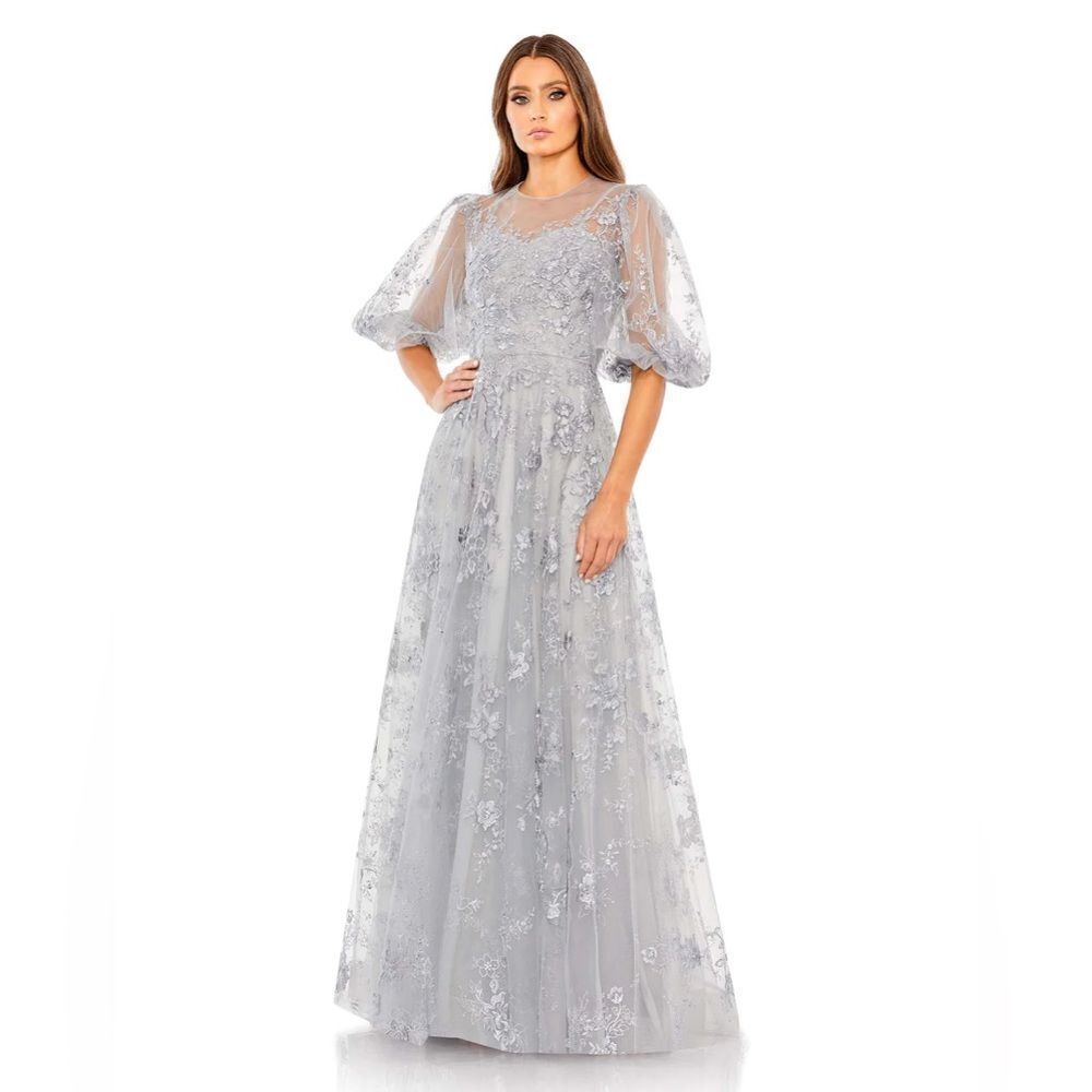 Mac Duggal Floral Embroidered Gown Dress Womens 8 Silver Illusion Line Bridal